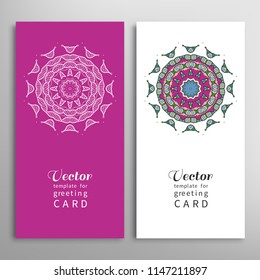 Cards or Invitations set with tribal ethnic mandala ornament, doodle floral geometric pattern for wedding, bridal, Valentine's day, greeting card or birthday invitation. Decorative colorful background