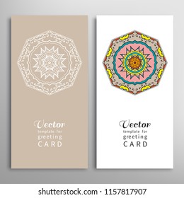 Cards or Invitations set with tribal ethnic mandala ornament, doodle floral geometric pattern for wedding, bridal, Valentine's day, greeting card or birthday invitation. Decorative colorful background