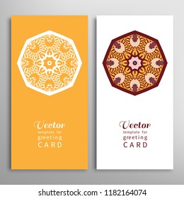 Cards or Invitations set with tribal ethnic mandala ornament, doodle floral geometric pattern for wedding, bridal, Valentine's day, greeting card or birthday invitation. Decorative colorful background