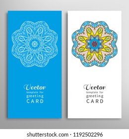 Cards or Invitations set with tribal ethnic mandala ornament, doodle floral geometric pattern for wedding, bridal, Valentine's day, greeting card or birthday invitation. Decorative colorful background