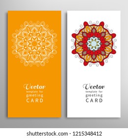 Cards or Invitations set with tribal ethnic mandala ornament, doodle floral geometric pattern for wedding, bridal, Valentine's day, greeting card or birthday invitation. Decorative colorful background