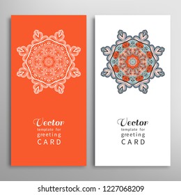 Cards or Invitations set with tribal ethnic mandala ornament, doodle floral geometric pattern for wedding, bridal, Valentine's day, greeting card or birthday invitation. Decorative colorful background