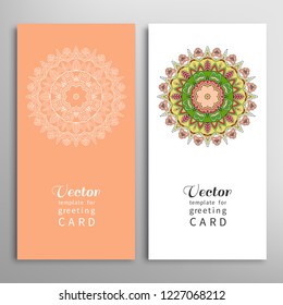 Cards or Invitations set with tribal ethnic mandala ornament, doodle floral geometric pattern for wedding, bridal, Valentine's day, greeting card or birthday invitation. Decorative colorful background