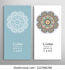 Cards or Invitations set with tribal ethnic mandala ornament, doodle floral geometric pattern for wedding, bridal, Valentine's day, greeting card or birthday invitation. Decorative colorful background