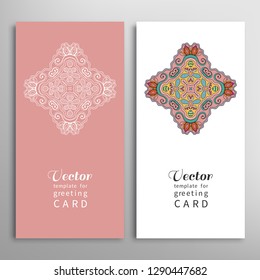 Cards or Invitations set with tribal ethnic mandala ornament, doodle floral geometric pattern for wedding, bridal, Valentine's day, greeting card or birthday invitation. Decorative colorful background