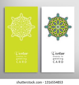 Cards or Invitations set with tribal ethnic mandala ornament, doodle floral geometric pattern for wedding, bridal, Valentine's day, greeting card or birthday invitation. Decorative colorful background