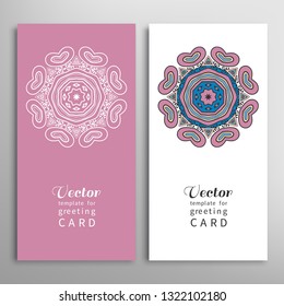 Cards or Invitations set with tribal ethnic mandala ornament, doodle floral geometric pattern for wedding, bridal, Valentine's day, greeting card or birthday invitation. Decorative colorful background