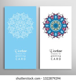 Cards or Invitations set with tribal ethnic mandala ornament, doodle floral geometric pattern for wedding, bridal, Valentine's day, greeting card or birthday invitation. Decorative colorful background