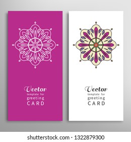 Cards or Invitations set with tribal ethnic mandala ornament, doodle floral geometric pattern for wedding, bridal, Valentine's day, greeting card or birthday invitation. Decorative colorful background