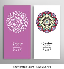 Cards or Invitations set with tribal ethnic mandala ornament, doodle floral geometric pattern for wedding, bridal, Valentine's day, greeting card or birthday invitation. Decorative colorful background
