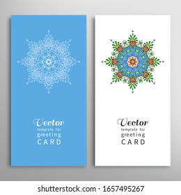 Cards or Invitations set with tribal ethnic mandala ornament, doodle floral geometric pattern for wedding, bridal, Valentine's day, greeting card or birthday invitation. Decorative colorful background
