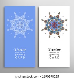 Cards or Invitations set with tribal ethnic mandala ornament, doodle floral geometric pattern for wedding, bridal, Valentine's day, greeting card or birthday invitation. Decorative colorful background