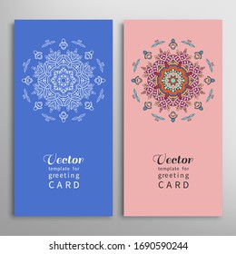 Cards or Invitations set with tribal ethnic mandala ornament, doodle floral geometric pattern for wedding, bridal, Valentine's day, greeting card or birthday invitation. Decorative colorful background