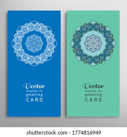 Cards or Invitations set with tribal ethnic mandala ornament, doodle floral geometric pattern for wedding, bridal, Valentine's day, greeting card or birthday invitation. Decorative colorful background