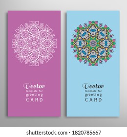 Cards or Invitations set with tribal ethnic mandala ornament, doodle floral geometric pattern for wedding, bridal, Valentine's day, greeting card or birthday invitation. Decorative colorful background