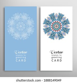 Cards or Invitations set with tribal ethnic mandala ornament, doodle floral geometric pattern for wedding, bridal, Valentine's day, greeting card or birthday invitation. Decorative colorful background