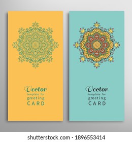 Cards or Invitations set with tribal ethnic mandala ornament, doodle floral geometric pattern for wedding, bridal, Valentine's day, greeting card or birthday invitation. Decorative colorful background