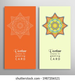 Cards or Invitations set with tribal ethnic mandala ornament, doodle floral geometric pattern for wedding, bridal, Valentine's day, greeting card or birthday invitation. Decorative colorful background