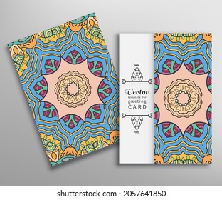 Cards or Invitations set with tribal ethnic mandala ornament, doodle floral geometric pattern for wedding, bridal, Valentine's day, greeting card or birthday invitation. Decorative colorful background