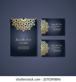 Cards or Invitations set with tribal ethnic mandala ornament, doodle floral geometric pattern for wedding, bridal, Valentine's day, greeting card or birthday invitation. Decorative colorful background
