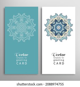 Cards or Invitations set with tribal ethnic mandala ornament, doodle floral geometric pattern for wedding, bridal, Valentine's day, greeting card or birthday invitation. Decorative colorful background