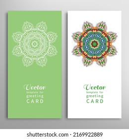 Cards or Invitations set with tribal ethnic mandala ornament, doodle floral geometric pattern for wedding, bridal, Valentine's day, greeting card or birthday invitation. Decorative colorful background