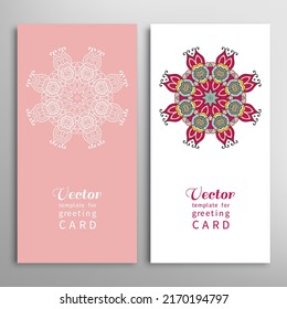 Cards or Invitations set with tribal ethnic mandala ornament, doodle floral geometric pattern for wedding, bridal, Valentine's day, greeting card or birthday invitation. Decorative colorful background
