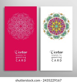Cards or Invitations set with tribal ethnic mandala ornament, doodle floral geometric pattern for wedding, bridal, Valentine's day, greeting card or birthday invitation. Decorative colorful background