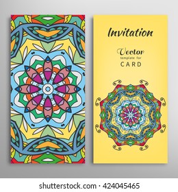 Cards or Invitations set with tribal ethnic mandala ornament, doodle floral geometric pattern for wedding, bridal, Valentine's day, greeting card or birthday invitation. Decorative colorful background