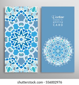 Cards or Invitations set with tribal ethnic mandala ornament, doodle floral geometric pattern for wedding, bridal, Valentine's day, greeting card or birthday invitation. Decorative colorful background