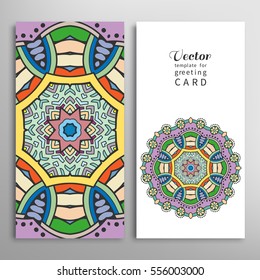 Cards or Invitations set with tribal ethnic mandala ornament, doodle floral geometric pattern for wedding, bridal, Valentine's day, greeting card or birthday invitation. Decorative colorful background