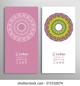 Cards or Invitations set with tribal ethnic mandala ornament, doodle floral geometric pattern for wedding, bridal, Valentine's day, greeting card or birthday invitation. Decorative colorful background