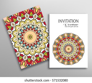 Cards or Invitations set with tribal ethnic mandala ornament, doodle floral geometric pattern for wedding, bridal, Valentine's day, greeting card or birthday invitation. Decorative colorful background
