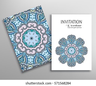 Cards or Invitations set with tribal ethnic mandala ornament, doodle floral geometric pattern for wedding, bridal, Valentine's day, greeting card or birthday invitation. Decorative colorful background