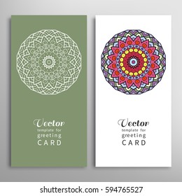 Cards or Invitations set with tribal ethnic mandala ornament, doodle floral geometric pattern for wedding, bridal, Valentine's day, greeting card or birthday invitation. Decorative colorful background