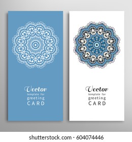 Cards or Invitations set with tribal ethnic mandala ornament, doodle floral geometric pattern for wedding, bridal, Valentine's day, greeting card or birthday invitation. Decorative colorful background