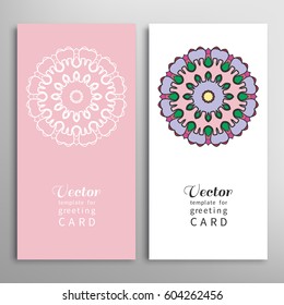Cards or Invitations set with tribal ethnic mandala ornament, doodle floral geometric pattern for wedding, bridal, Valentine's day, greeting card or birthday invitation. Decorative colorful background