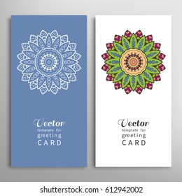 Cards or Invitations set with tribal ethnic mandala ornament, doodle floral geometric pattern for wedding, bridal, Valentine's day, greeting card or birthday invitation. Decorative colorful background