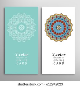 Cards or Invitations set with tribal ethnic mandala ornament, doodle floral geometric pattern for wedding, bridal, Valentine's day, greeting card or birthday invitation. Decorative colorful background