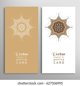 Cards or Invitations set with tribal ethnic mandala ornament, doodle floral geometric pattern for wedding, bridal, Valentine's day, greeting card or birthday invitation. Decorative colorful background