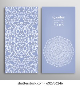 Cards or Invitations set with tribal ethnic mandala ornament, doodle floral geometric pattern for wedding, bridal, Valentine's day, greeting card or birthday invitation. Decorative colorful background