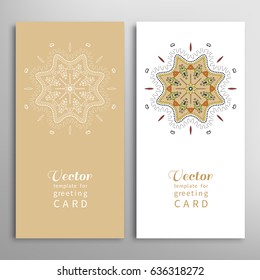 Cards or Invitations set with tribal ethnic mandala ornament, doodle floral geometric pattern for wedding, bridal, Valentine's day, greeting card or birthday invitation. Decorative colorful background