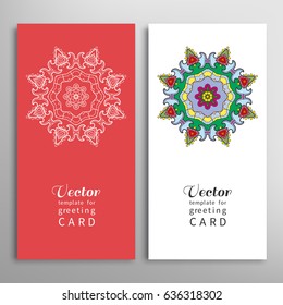 Cards or Invitations set with tribal ethnic mandala ornament, doodle floral geometric pattern for wedding, bridal, Valentine's day, greeting card or birthday invitation. Decorative colorful background