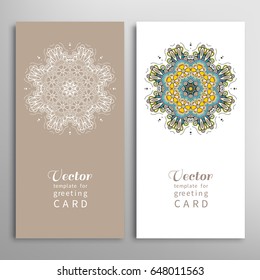 Cards or Invitations set with tribal ethnic mandala ornament, doodle floral geometric pattern for wedding, bridal, Valentine's day, greeting card or birthday invitation. Decorative colorful background