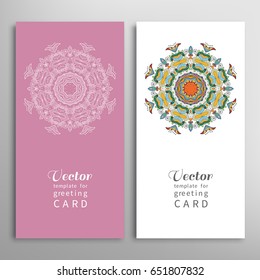 Cards or Invitations set with tribal ethnic mandala ornament, doodle floral geometric pattern for wedding, bridal, Valentine's day, greeting card or birthday invitation. Decorative colorful background