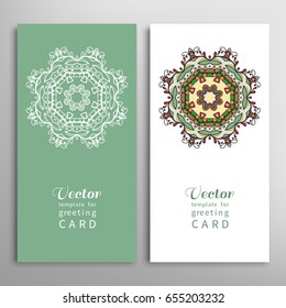 Cards or Invitations set with tribal ethnic mandala ornament, doodle floral geometric pattern for wedding, bridal, Valentine's day, greeting card or birthday invitation. Decorative colorful background