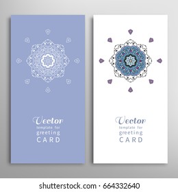 Cards or Invitations set with tribal ethnic mandala ornament, doodle floral geometric pattern for wedding, bridal, Valentine's day, greeting card or birthday invitation. Decorative colorful background