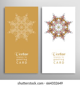 Cards or Invitations set with tribal ethnic mandala ornament, doodle floral geometric pattern for wedding, bridal, Valentine's day, greeting card or birthday invitation. Decorative colorful background