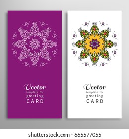 Cards or Invitations set with tribal ethnic mandala ornament, doodle floral geometric pattern for wedding, bridal, Valentine's day, greeting card or birthday invitation. Decorative colorful background