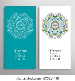 Cards or Invitations set with tribal ethnic mandala ornament, doodle floral geometric pattern for wedding, bridal, Valentine's day, greeting card or birthday invitation. Decorative colorful background